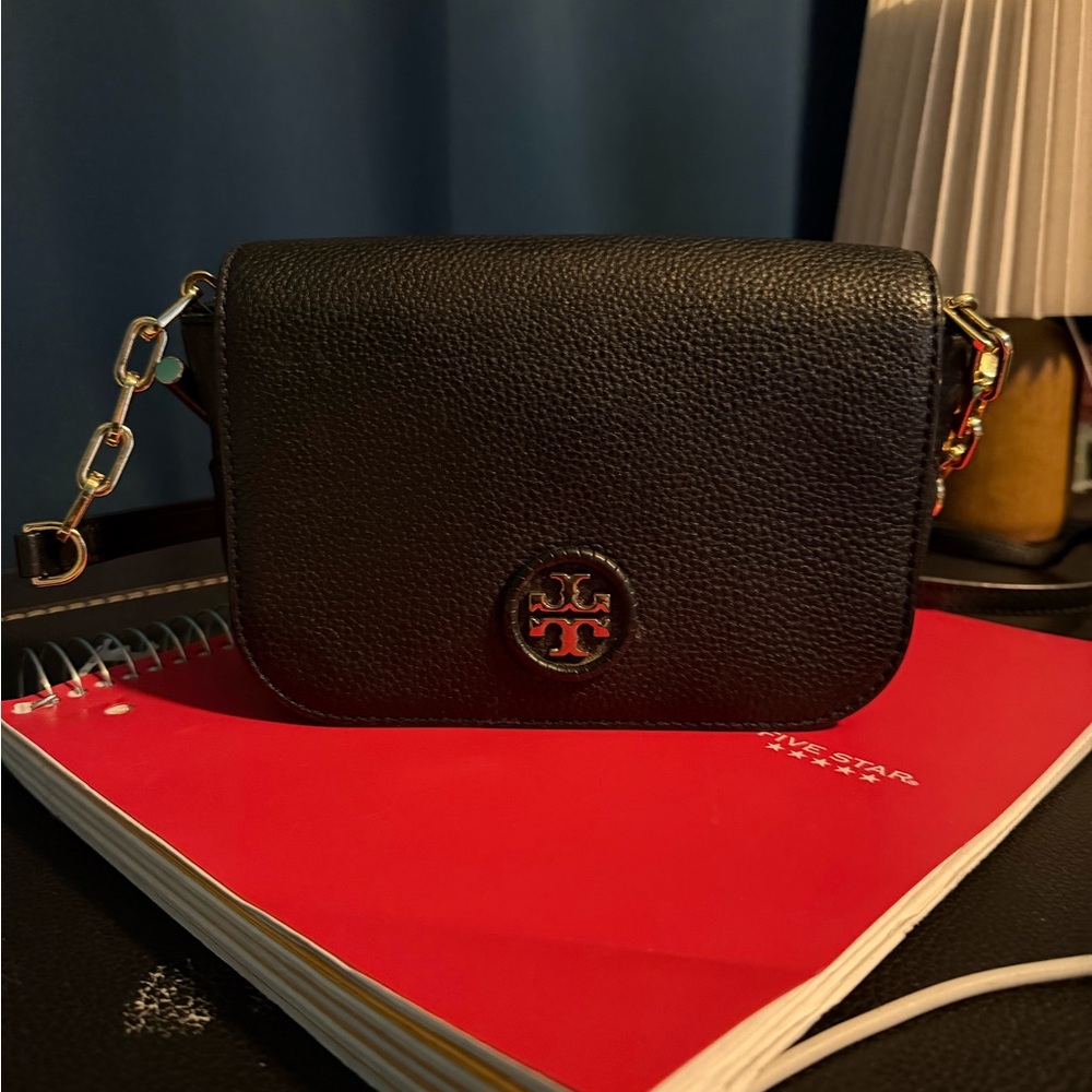 Tory Burch Black Leather Crossbody with Gold Chain